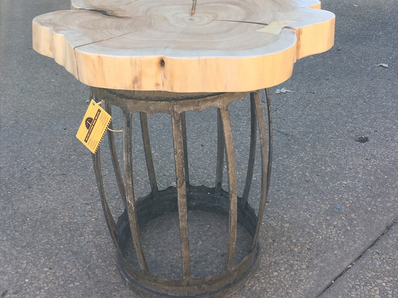 pictures of Live edge Monterey pine tables with 2 styles of stands. Indoor or outdoor use.  Shorter stand w/top $130  Tall stand w/top $115  Tops only $85
